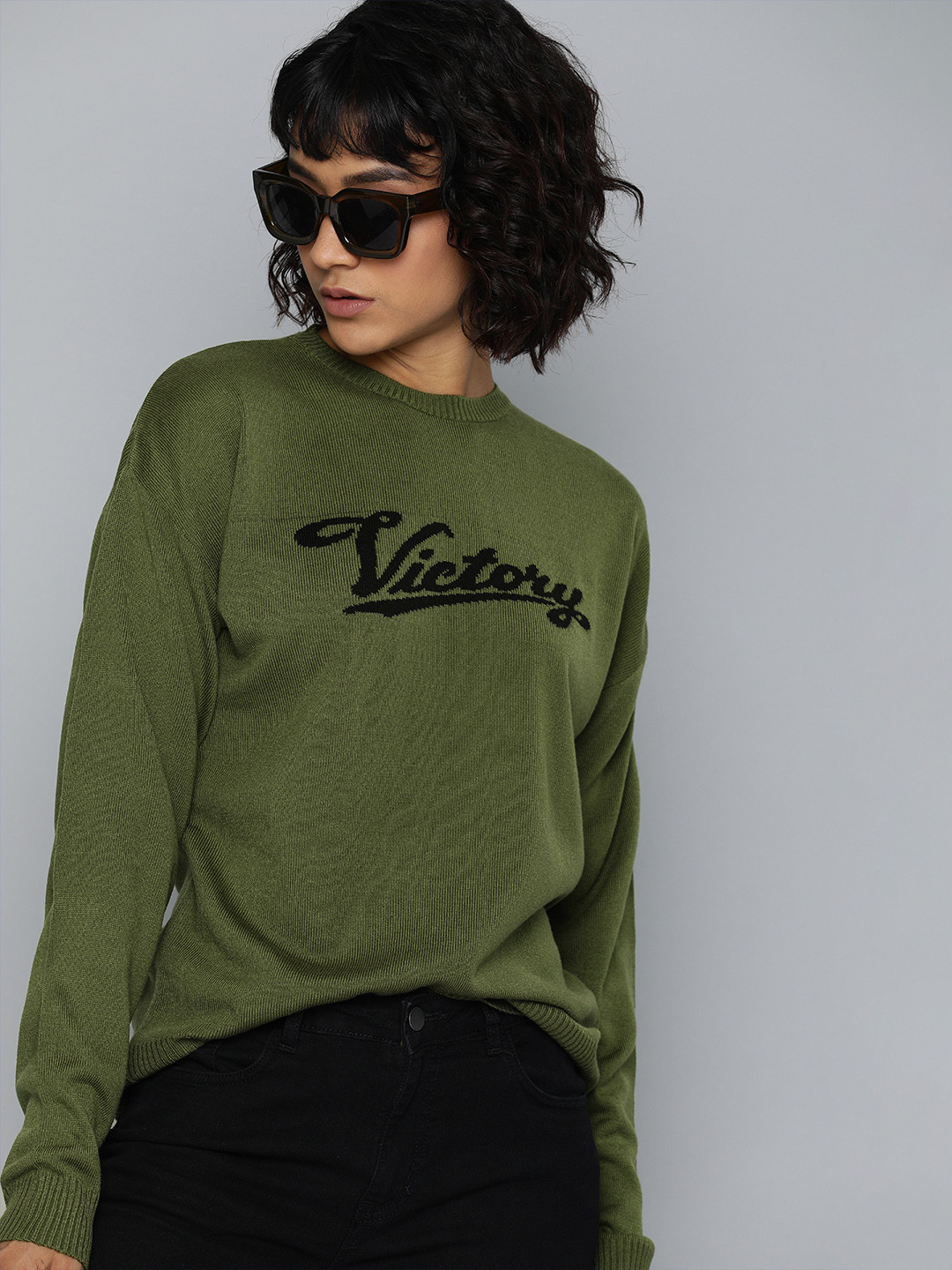 

Harvard Women Olive Green Printed Acrylic Pullover