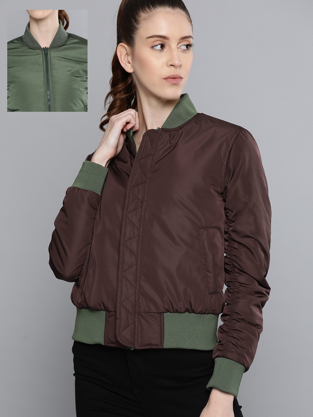 

Harvard Women Brown & Olive Green Solid Reversible Bomber Jacket