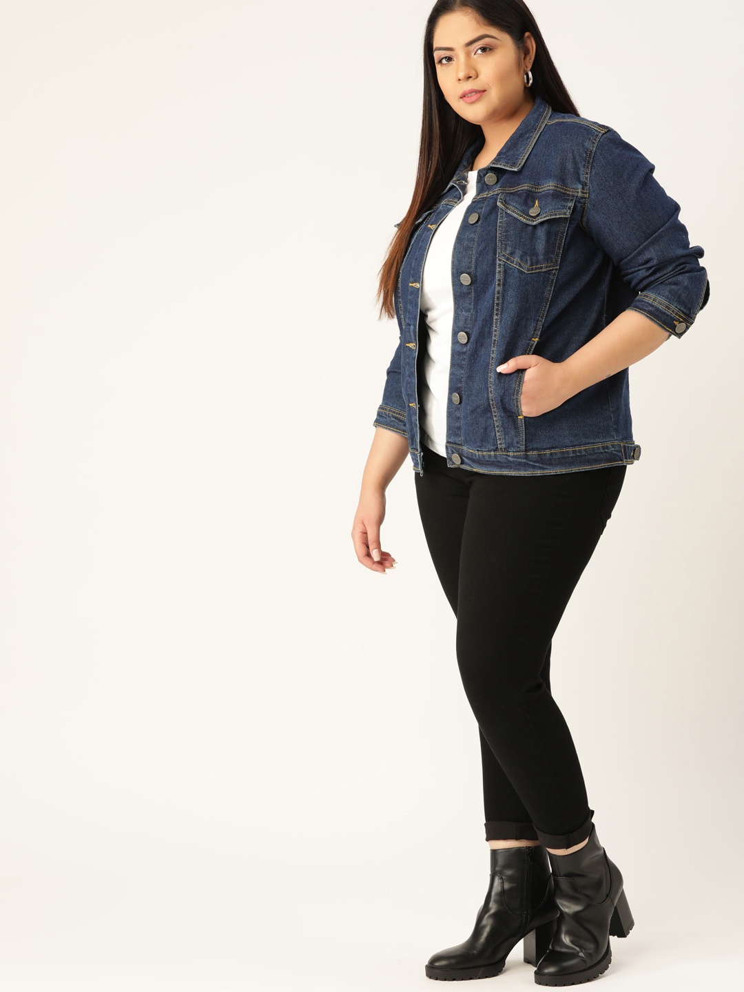 

Sztori Women Plus Size Navy Blue Cotton Solid Denim Jacket