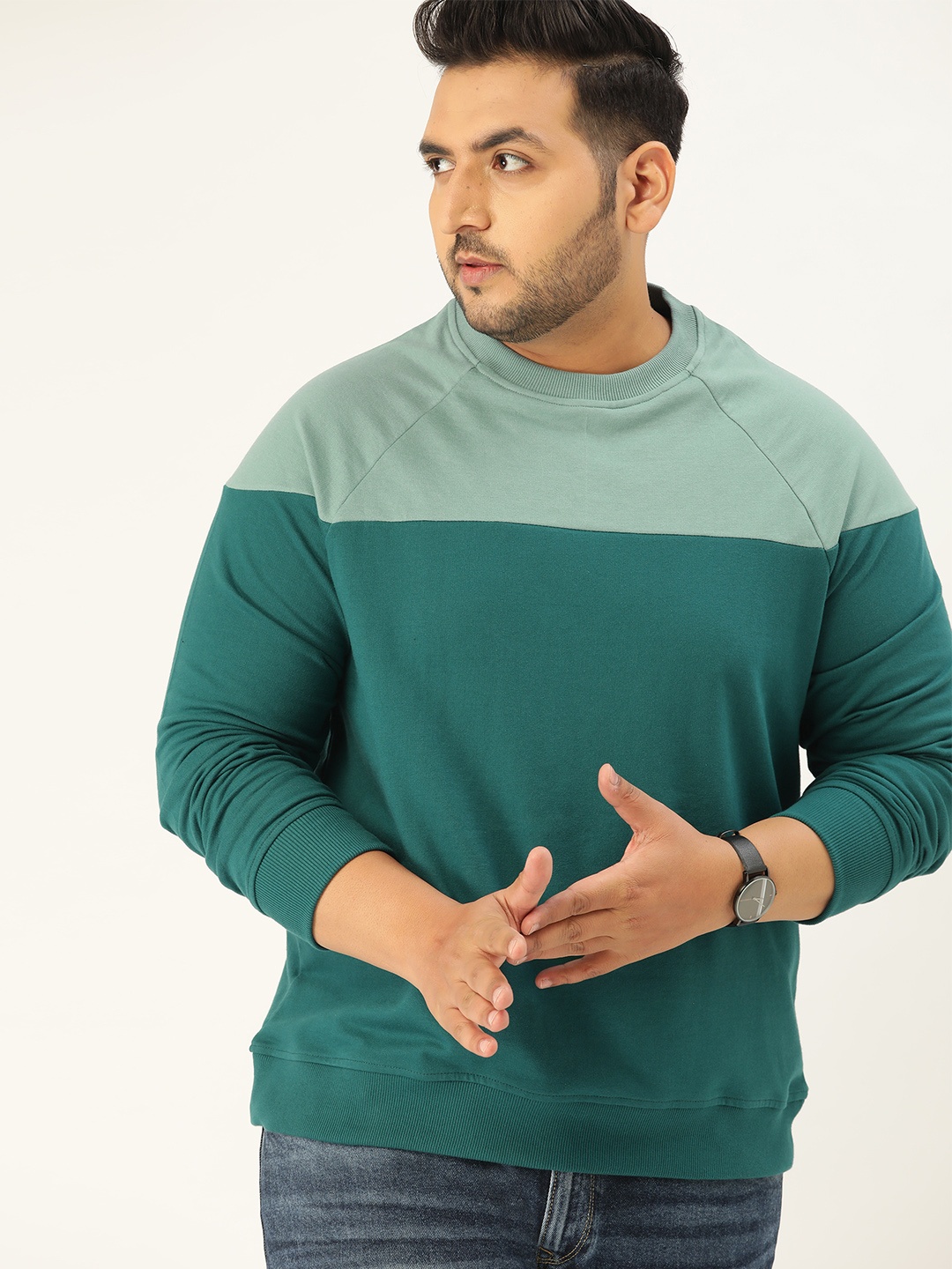 

Sztori Men Plus Size Green & Blue Colourblocked Sweatshirt