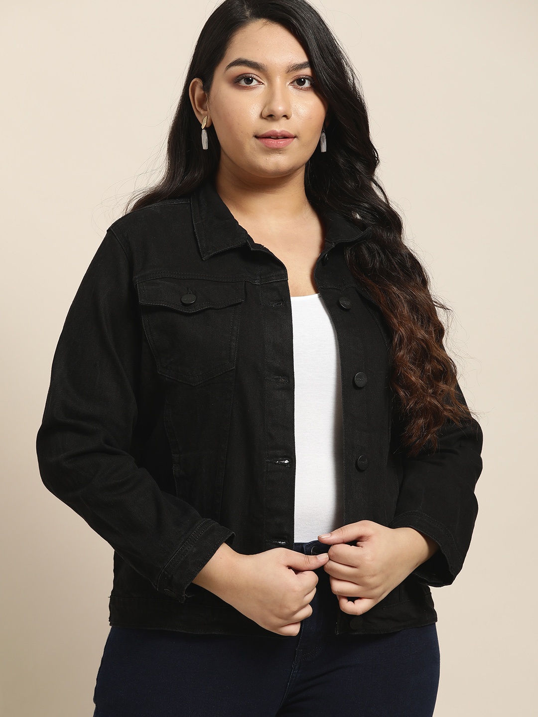 

Sztori Plus Size Women Black Solid Denim Jacket