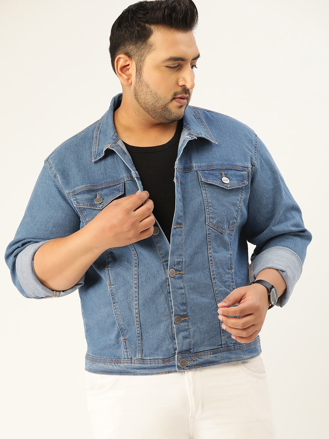 

Sztori Men Plus Size Blue Solid Denim Jacket