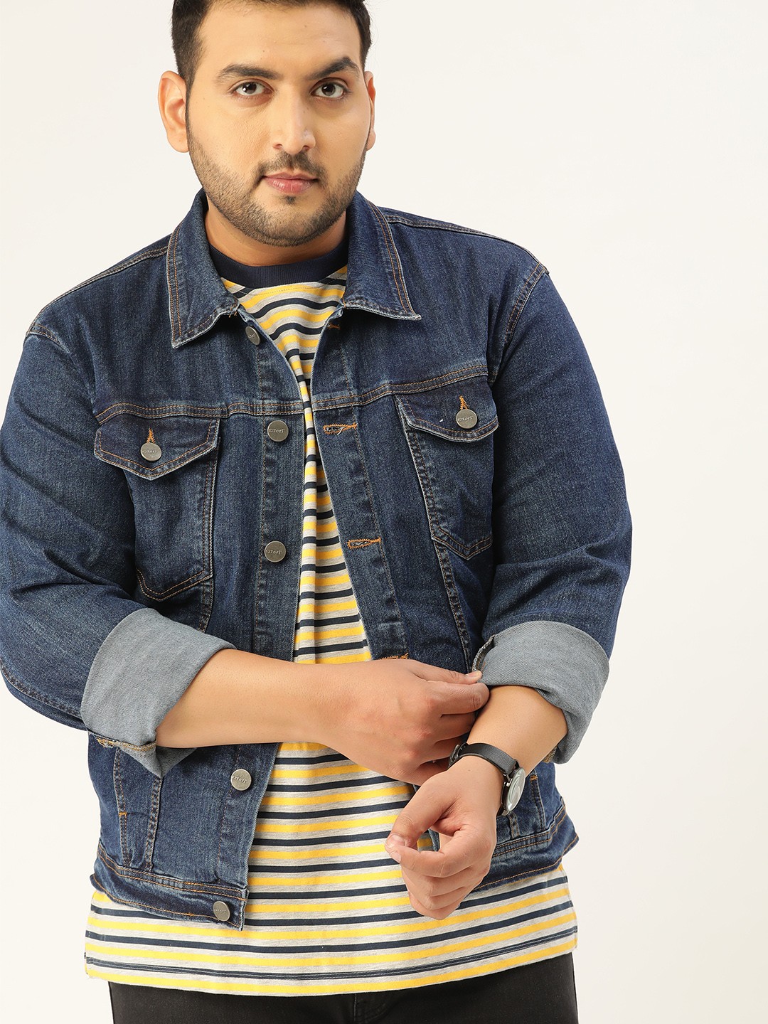 

Sztori Men Plus Size Blue Solid Denim Jacket