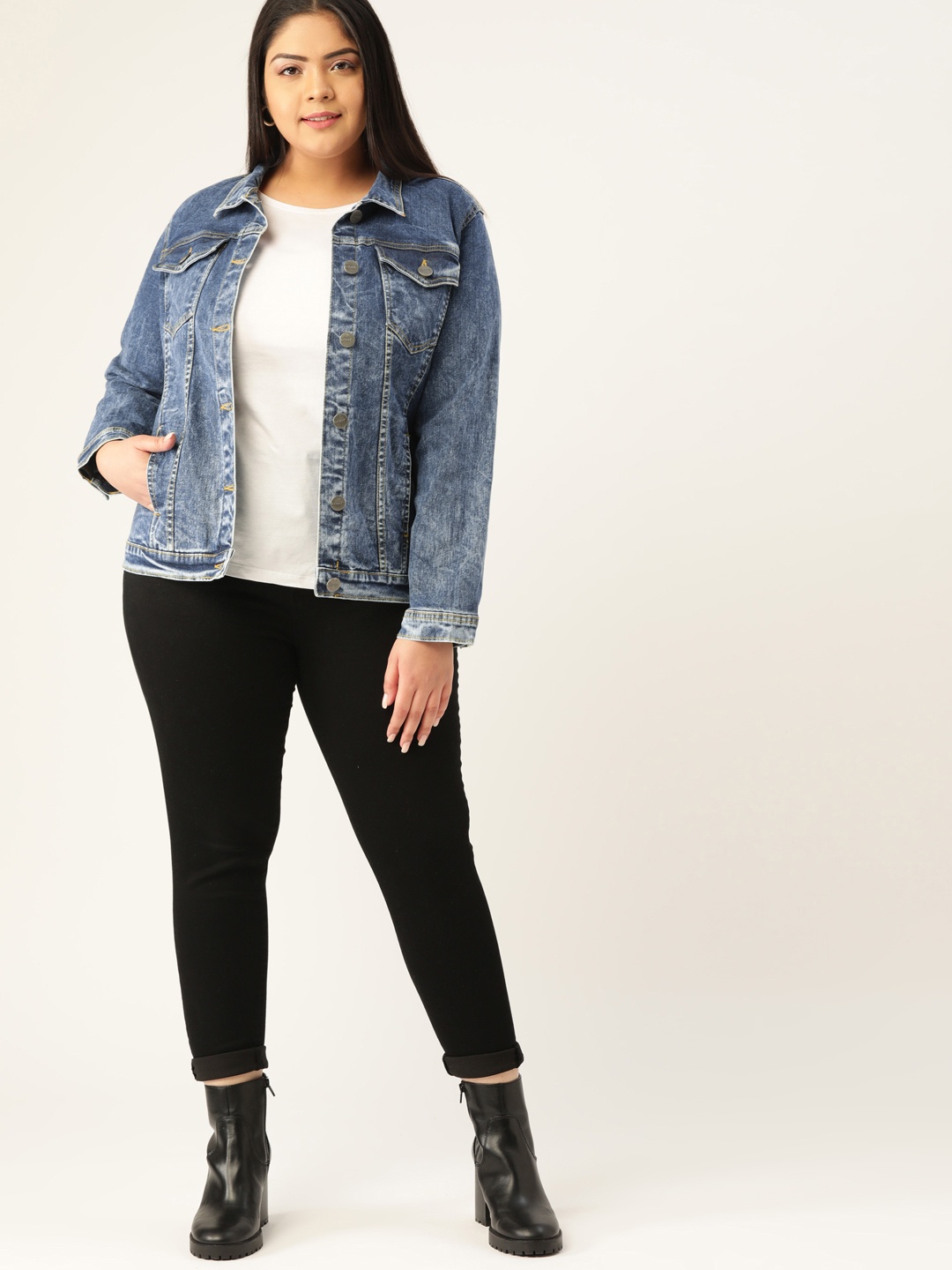 

Sztori Women Plus Size Blue Solid Cotton Denim Jacket
