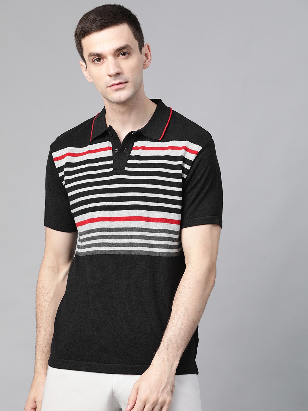 

Roadster Men Black Grey Melange Striped Polo Collar Pure Cotton T-shirt