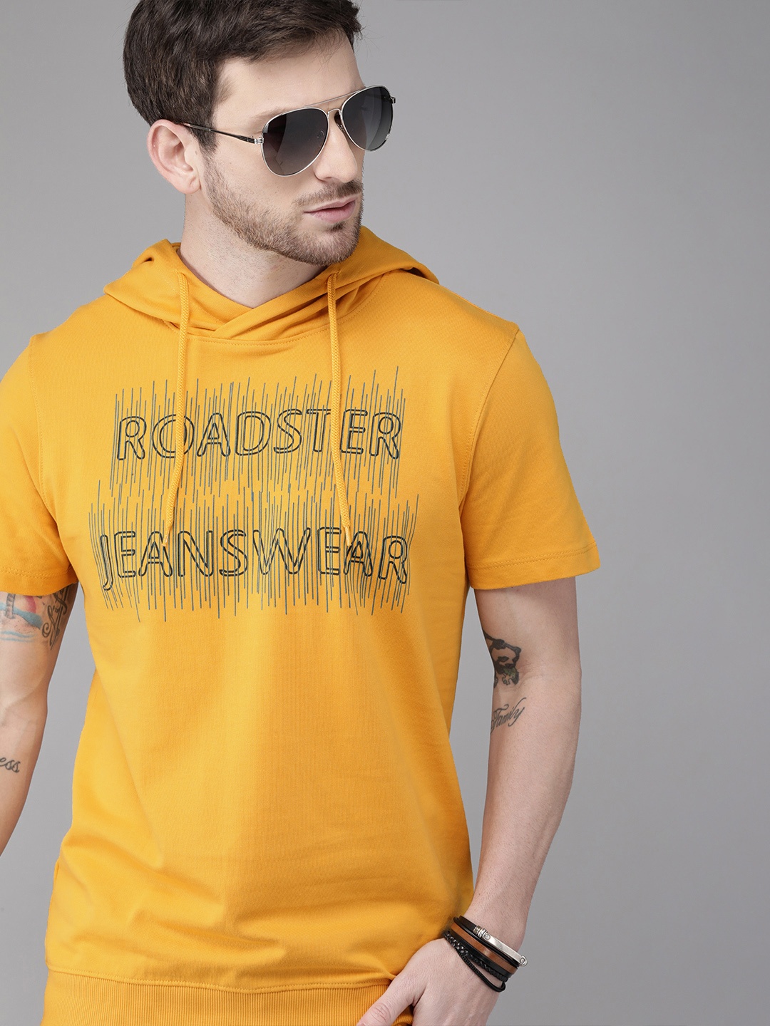 

Roadster Men Yellow Printed Hood Pure Cotton T-shirt