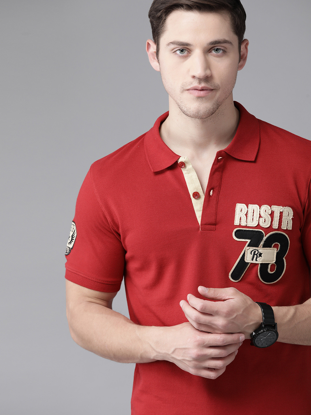 

Roadster Men Red Solid Pure Cotton Polo Collar T-shirt