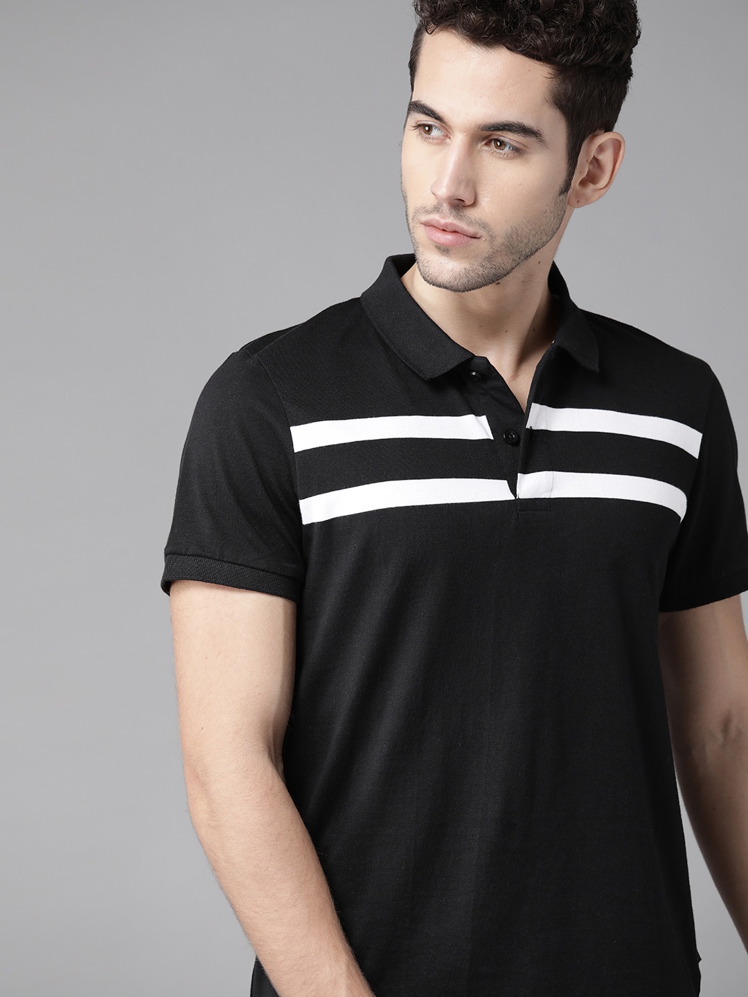 

Roadster Men Black & White Striped Polo Collar T-shirt