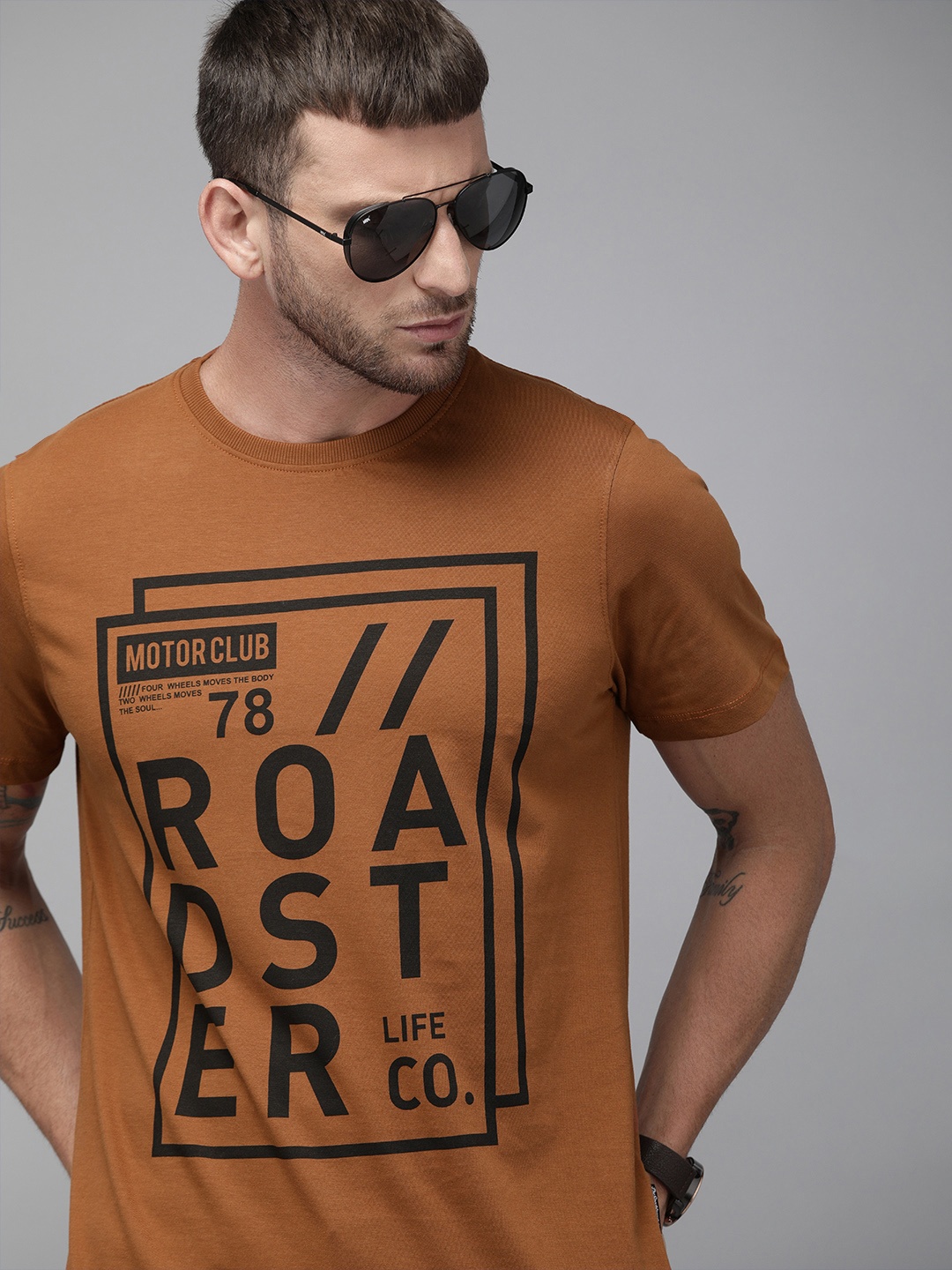 

Roadster Men Camel Brown Printed Round Neck Pure Cotton T-shirt