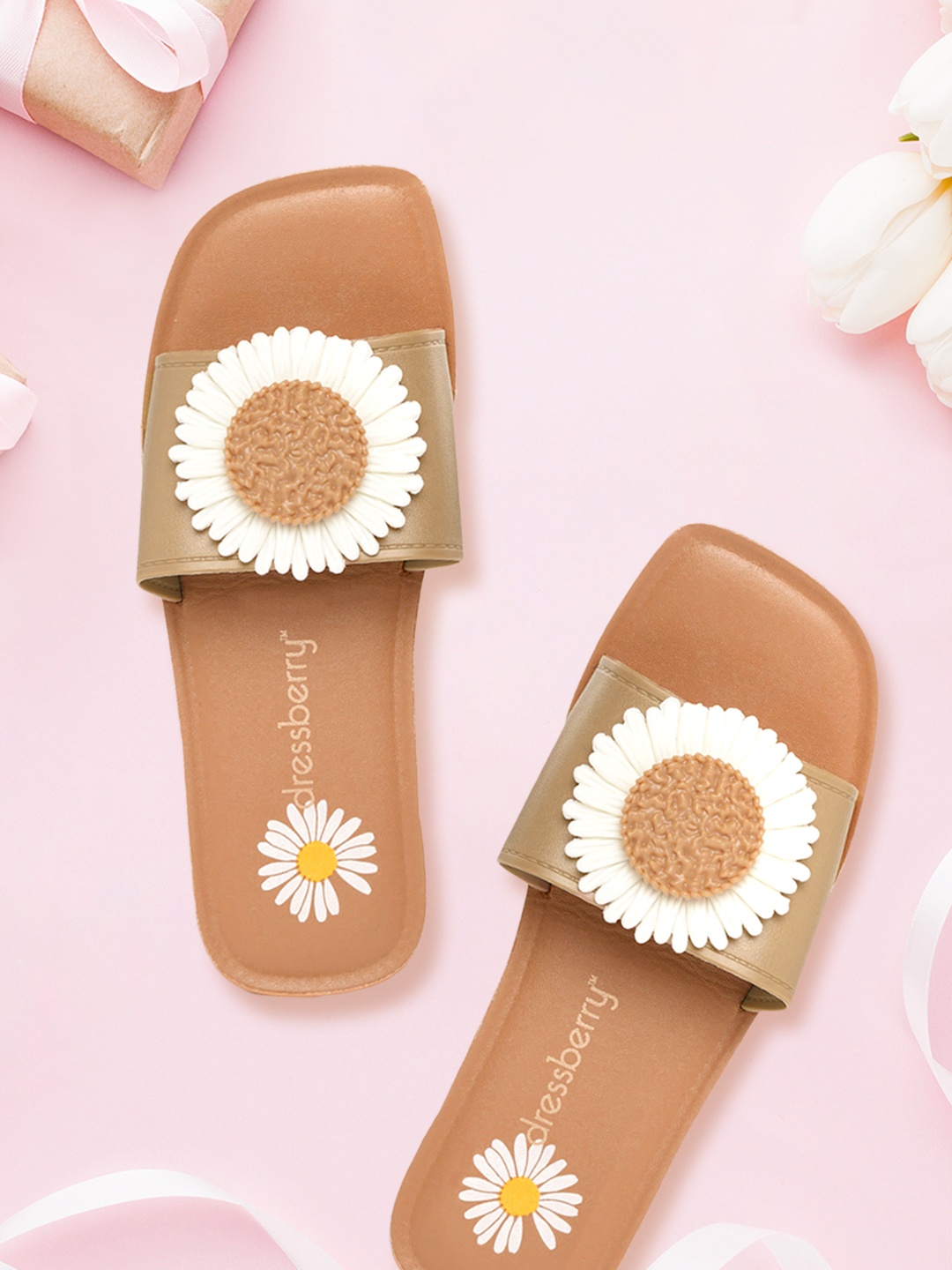 

DressBerry Women Beige & Tan Brown Sunflower Applique Open Toe Flats