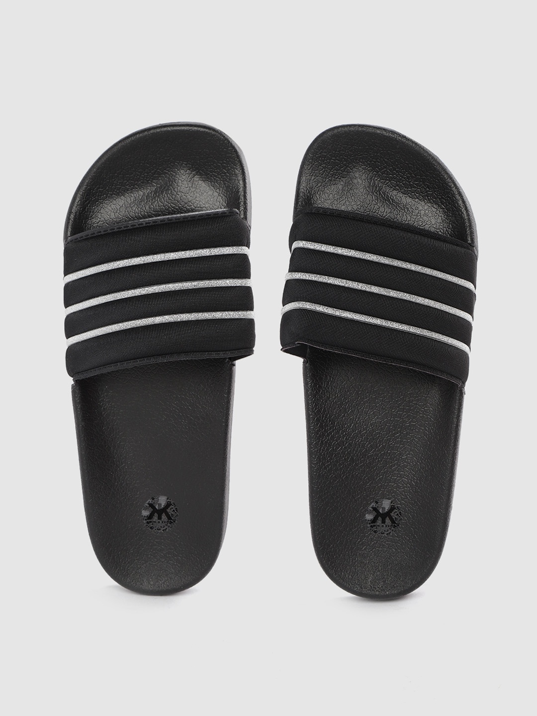 

Kook N Keech Women Black & Silver-Toned Glitter Striped Sliders