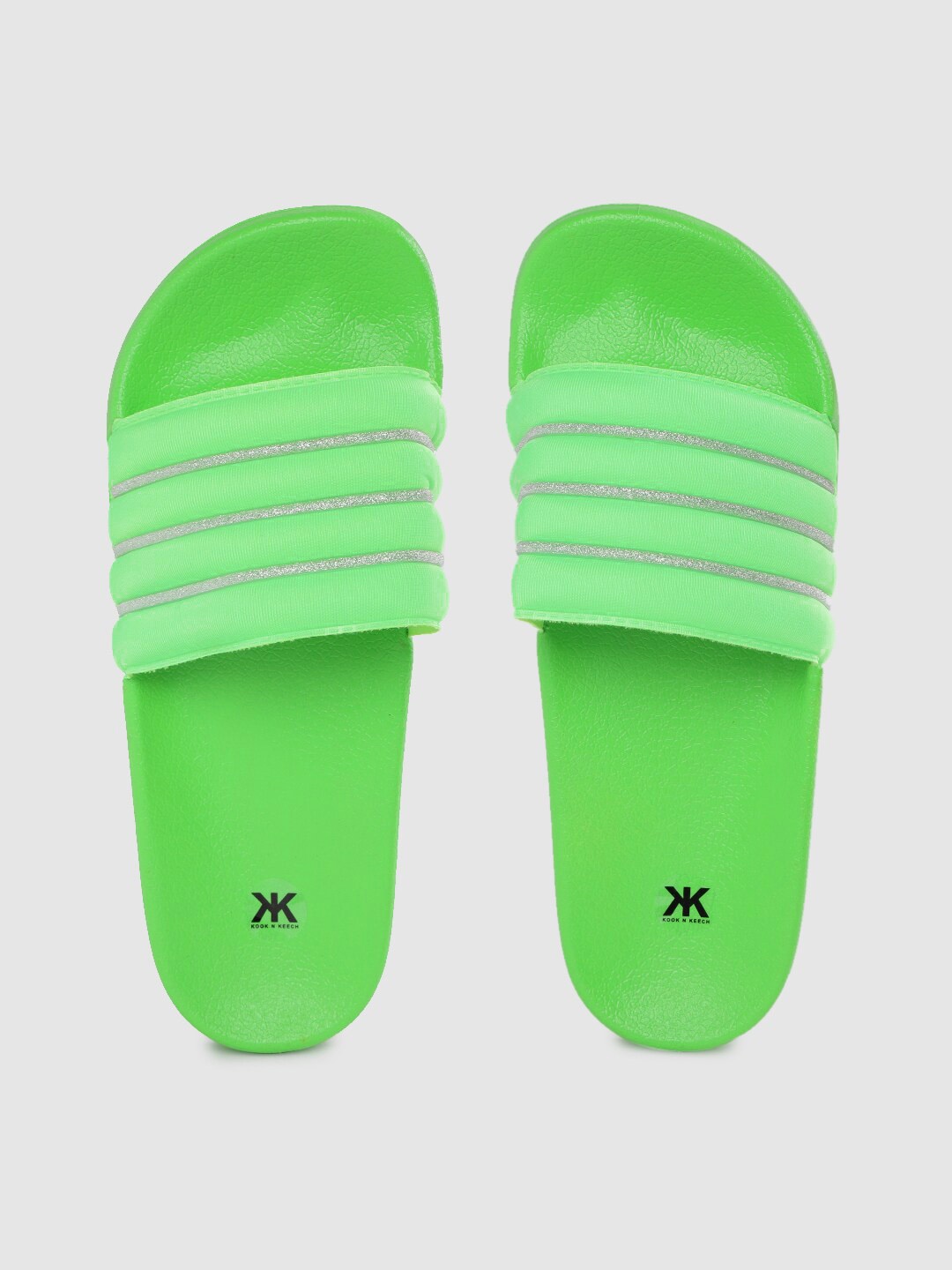 

Kook N Keech Women Green & Silver-Toned Glitter Striped Sliders