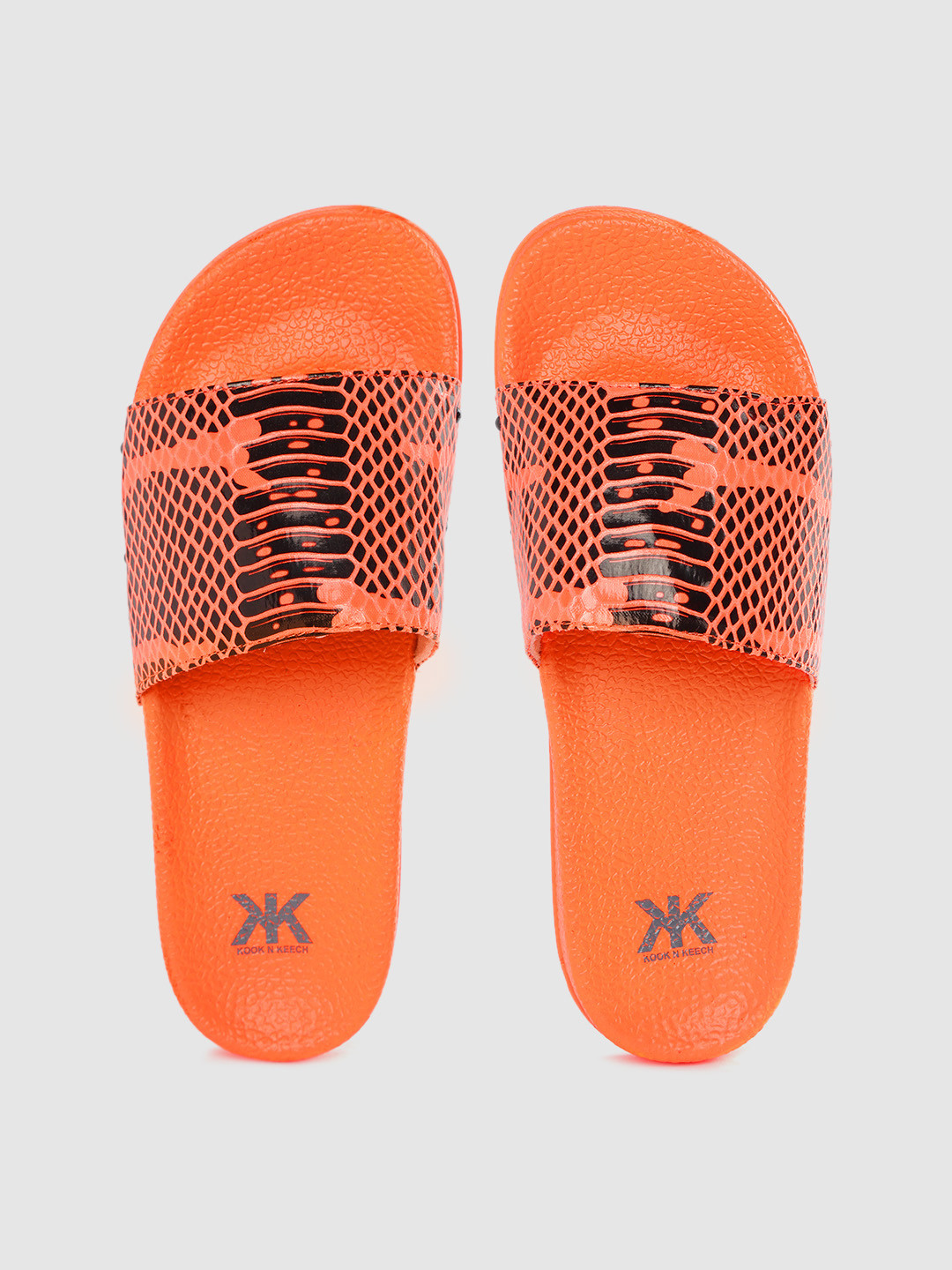 

Kook N Keech Women Coral Orange & Black Snakeskin Print Sliders