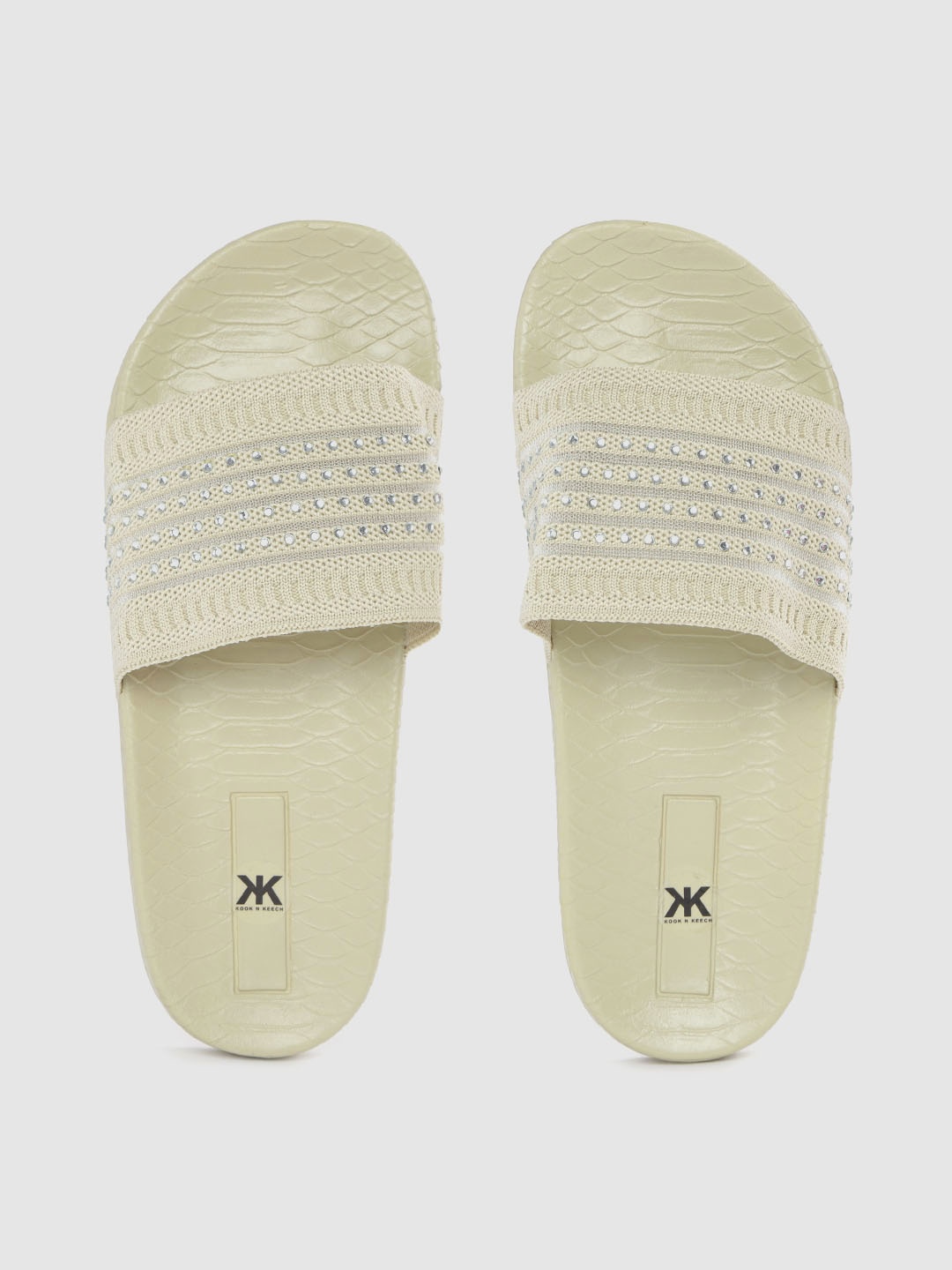 

Kook N Keech Women Beige & Silver-Toned Embellished Sliders
