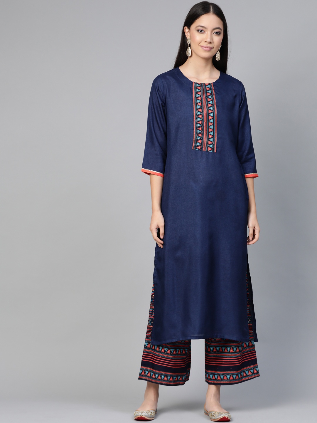 

Indo Era Women Navy Blue & Coral Pink Ypke Design Kurta with Palazzos