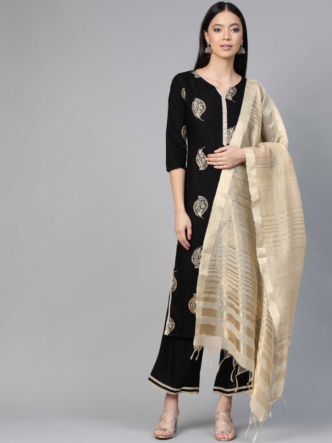 

Indo Era Women Black & Off-White Foil Print Kurta with Palazzos & Dupatta