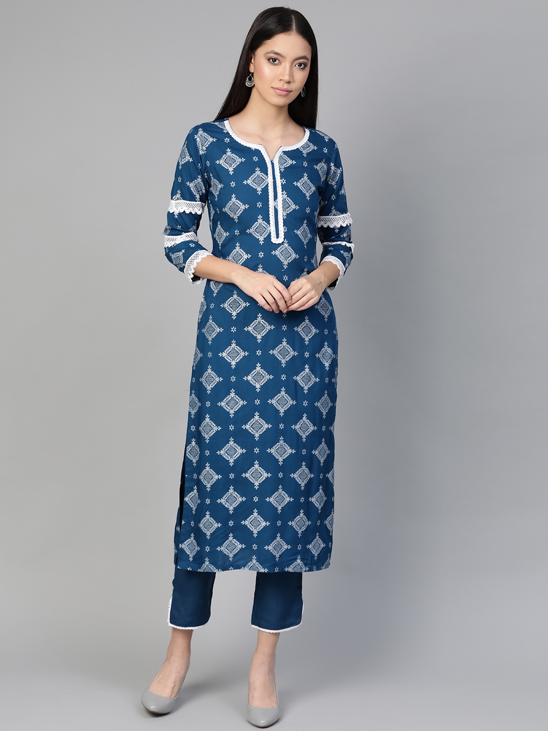 

Indo Era Women Blue & White Printed Kurta with Palazzos