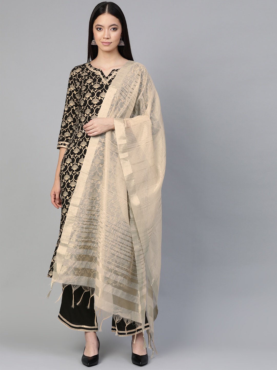 

Indo Era Women Black & Grey Foil Print Kurta with Palazzos & Dupatta