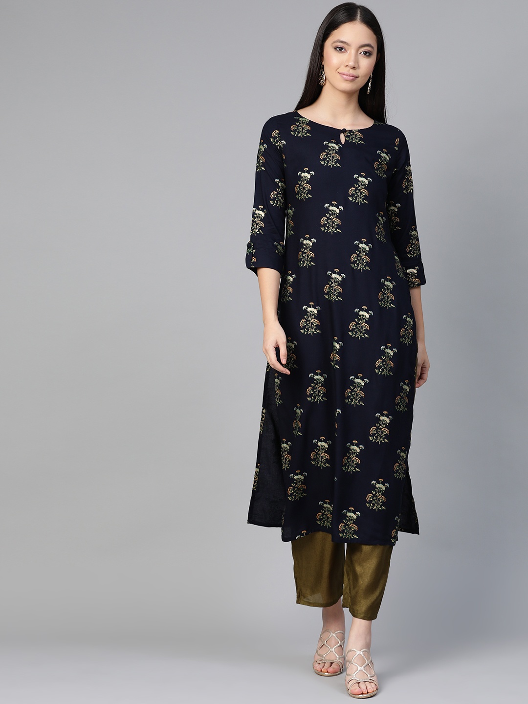 

Indo Era Women Navy Blue & Golden Foil Print Straight Kurta