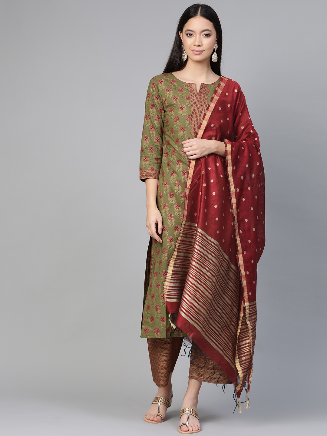 

Indo Era Women Green & Maroon Foil Print Kurta with Palazzos & Dupatta