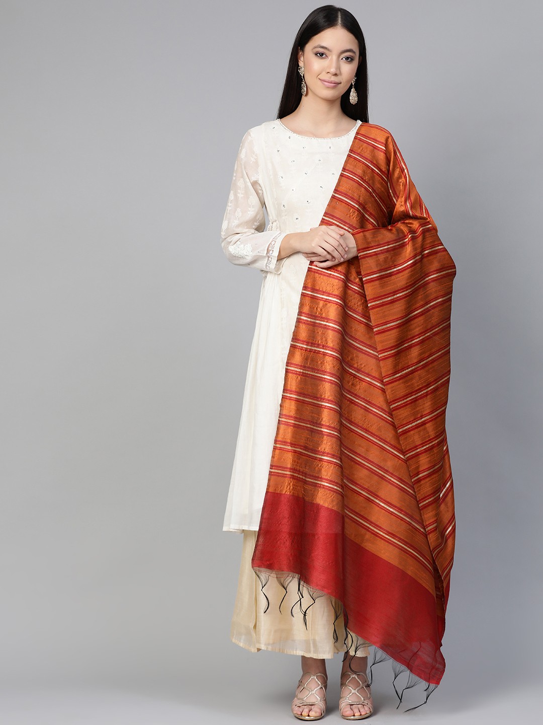

Indo Era Rust Orange & Golden Self Striped Dupatta