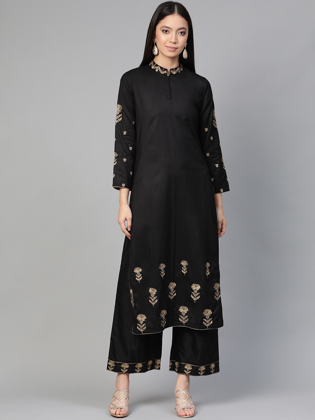 

Indo Era Women Black & Golden Embroidered Kurta with Palazzos