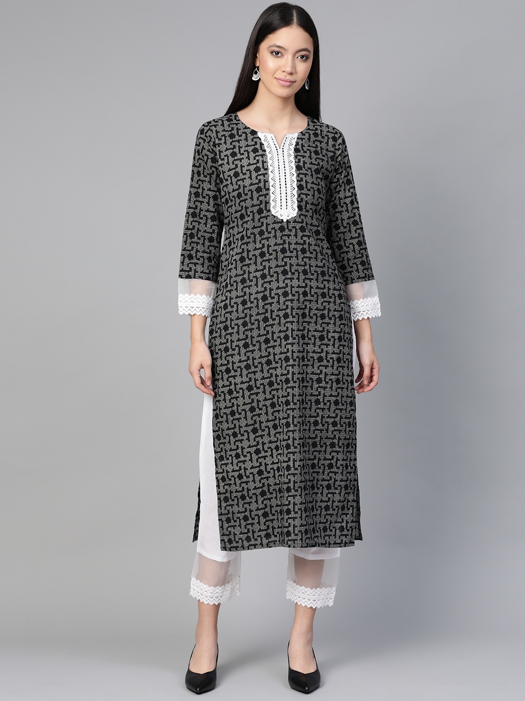 

Indo Era Women Black & White Printed Kurta with Trousers