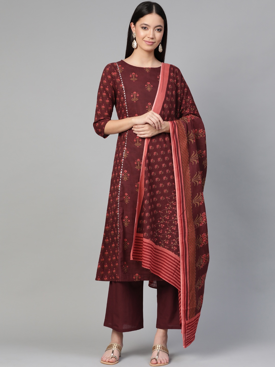 

Indo Era Women Burgundy & Green Printed Kurta with Trousers & Dupatta