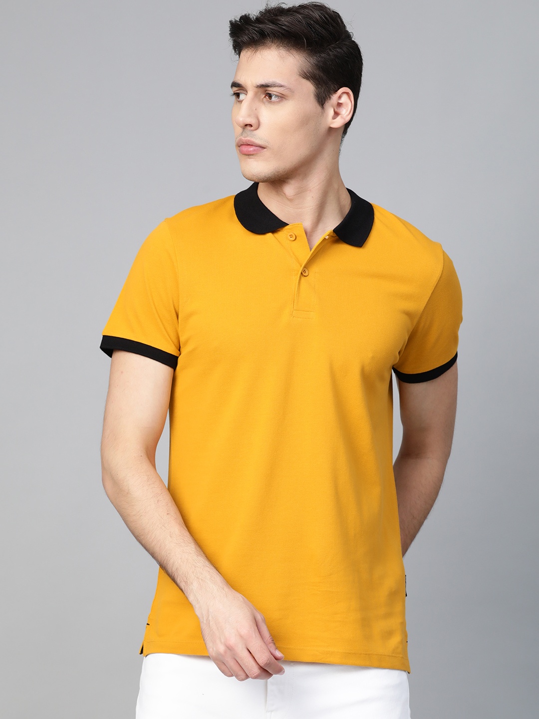 

Roadster Men Mustard Yellow Solid Polo Collar Pure Cotton T-shirt