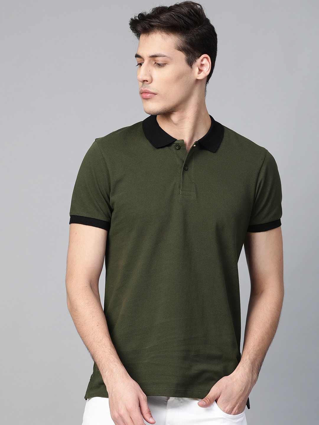 

Roadster Men Olive Green Polo Collar Cotton Pure Cotton T-shirt