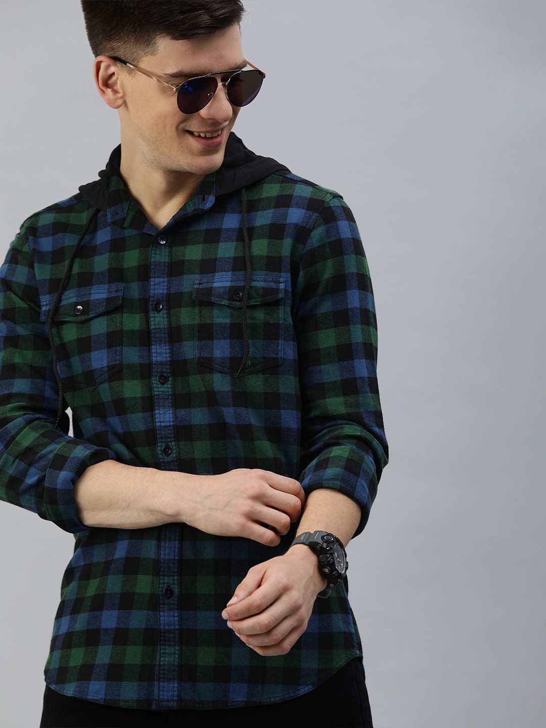 

HERE&NOW Men Blue & Green Slim Fit Checked Casual Shirt