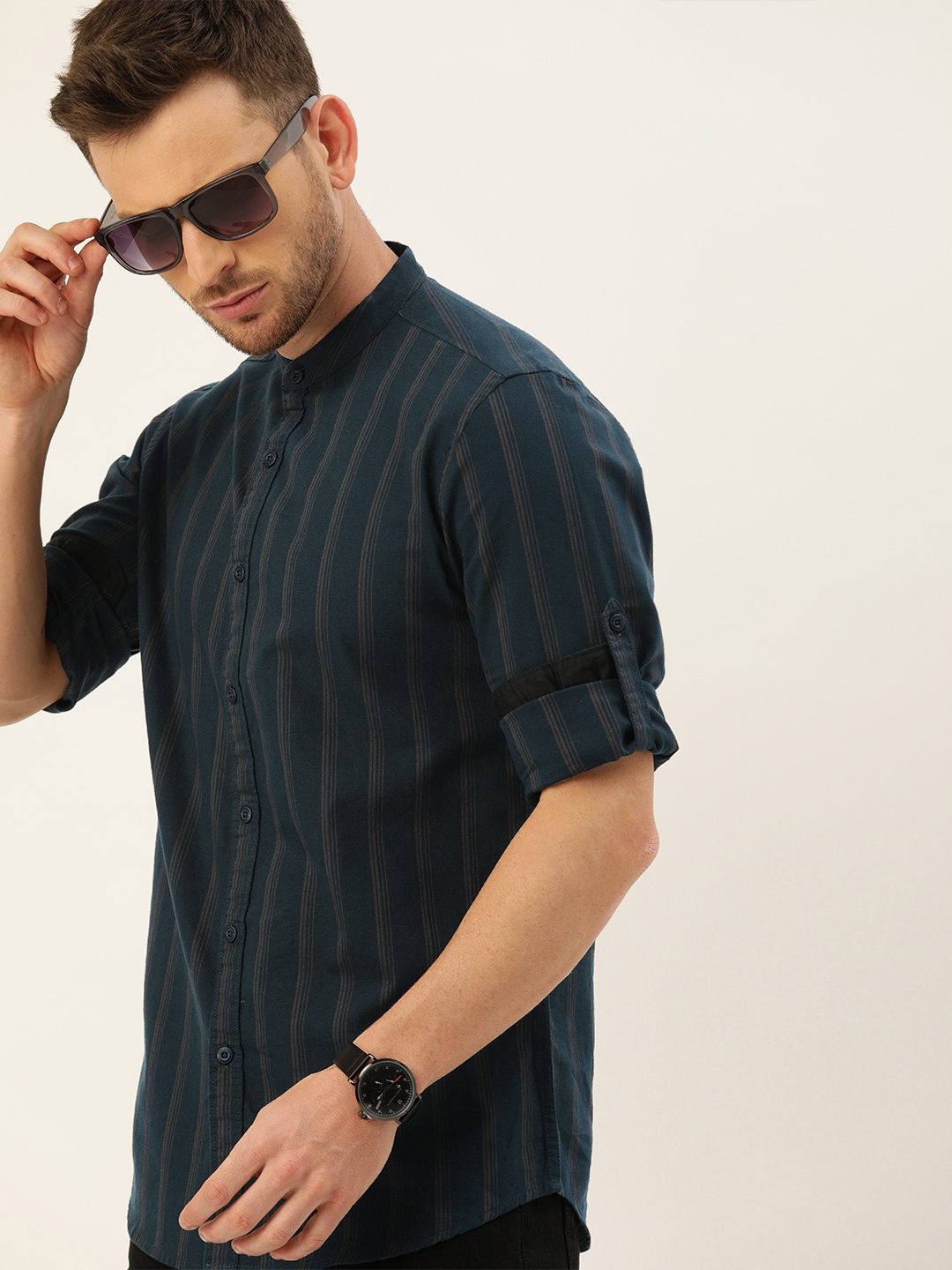 

Moda Rapido Men Teal Blue & Grey Slim Fit Striped Casual Shirt