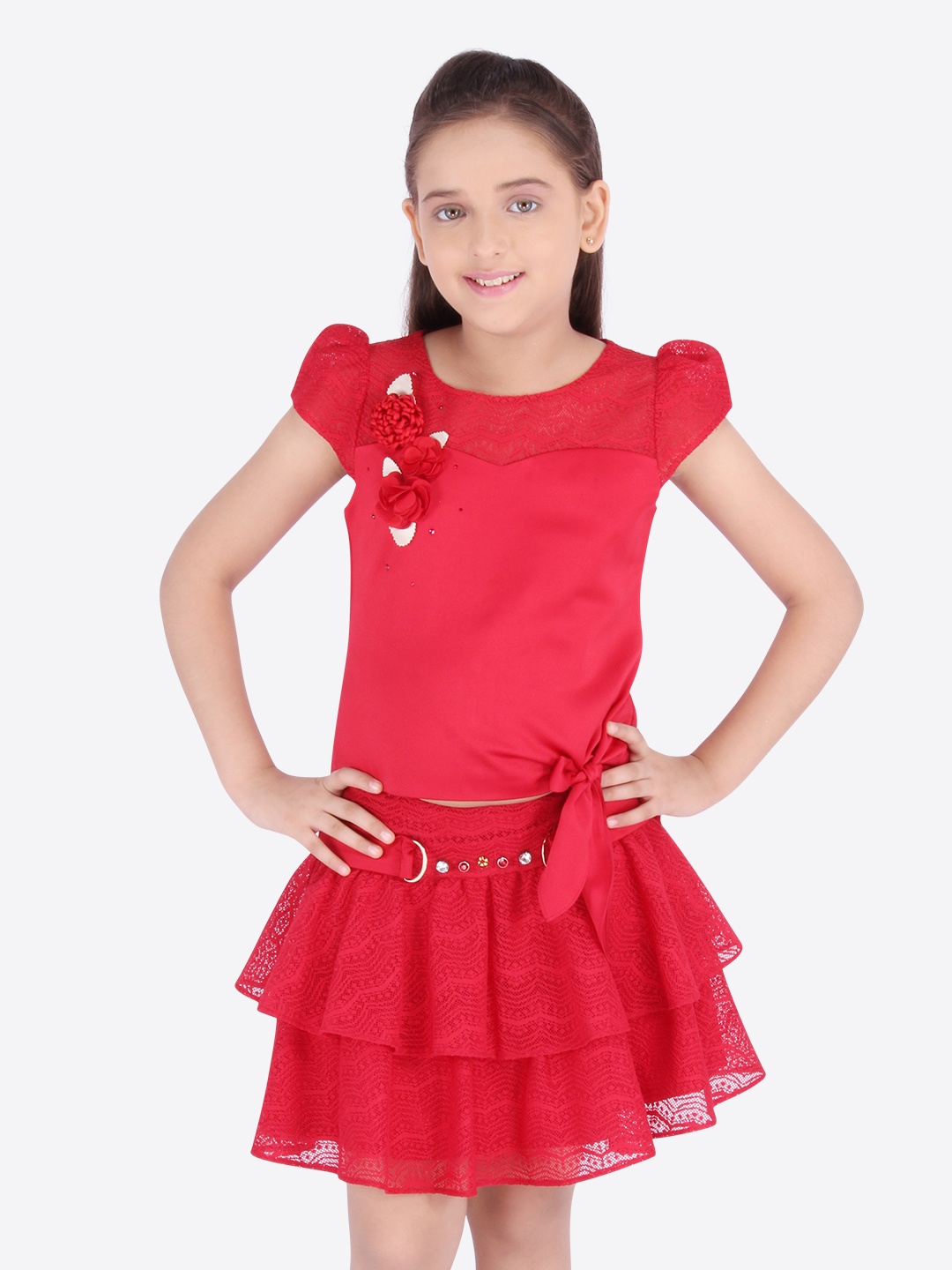 

CUTECUMBER Girls Red Solid Top with Skirt