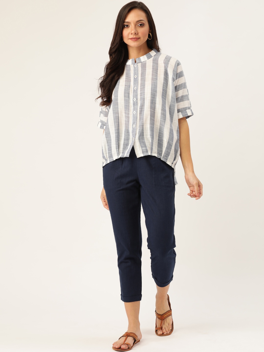 

Jaipur Kurti Women Off-White & Navy Blue Striped Shirt with Trousers