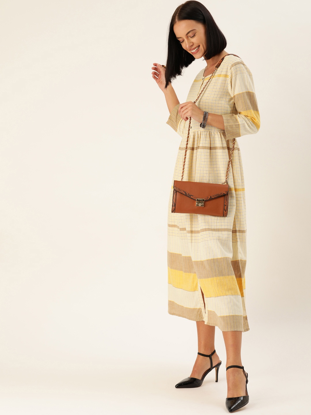 

Varanga Women Off-White & Brown Striped Fit and Flare Dress