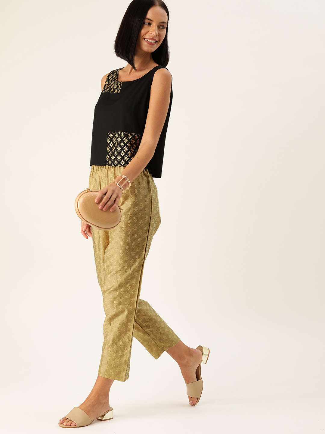 

Varanga Women Black & Gold-Toned Printed Top with Trousers