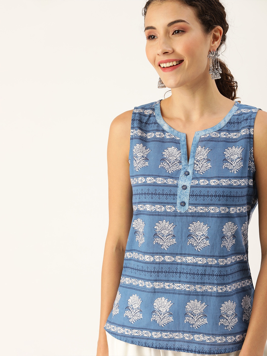 

Varanga Women Blue & White Printed High-Low Pure Cotton Top