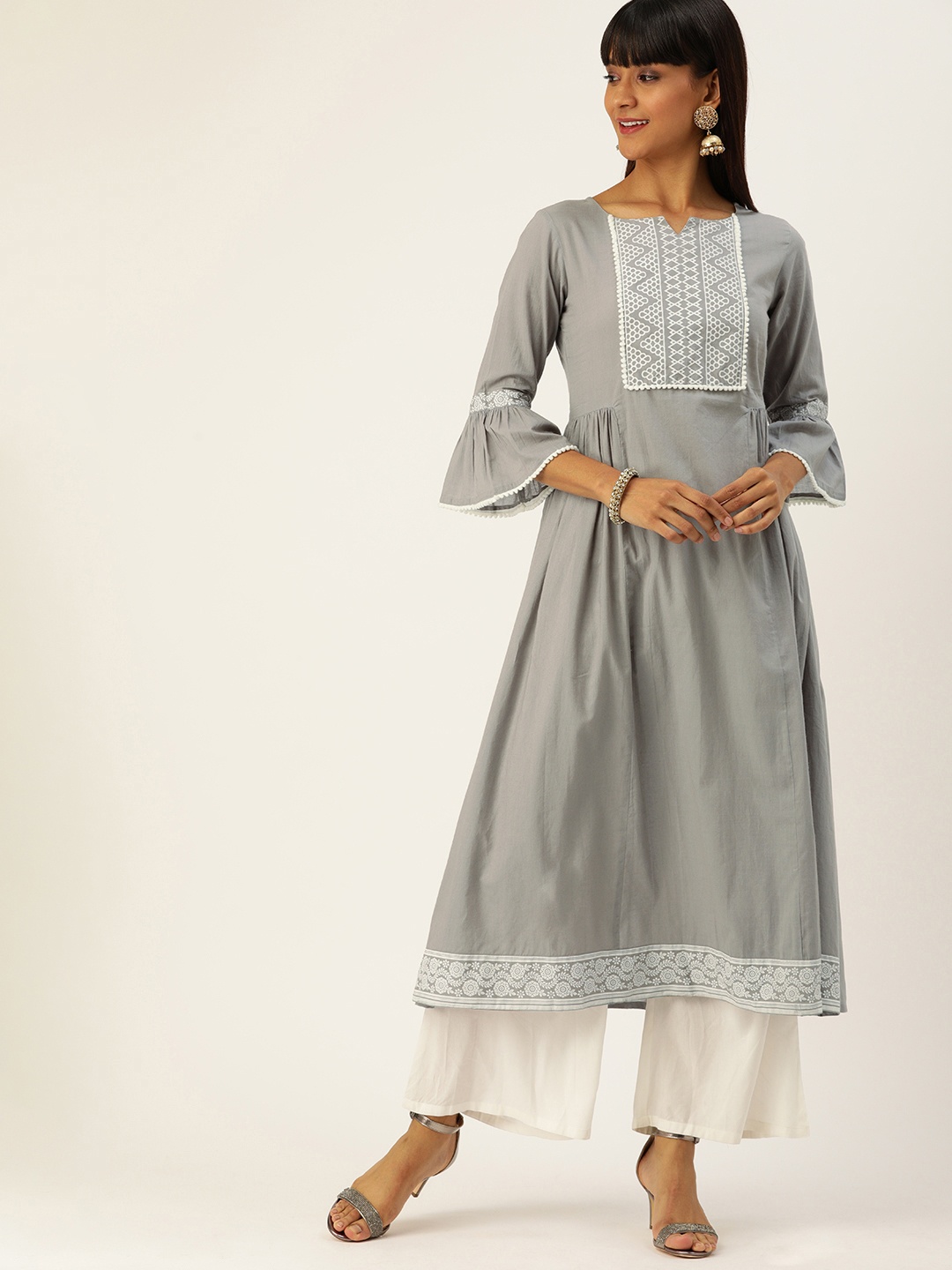 

Varanga Women Grey Melange & White Khari Printed A-Line Kurta with Pom-Pom Lace Detailing