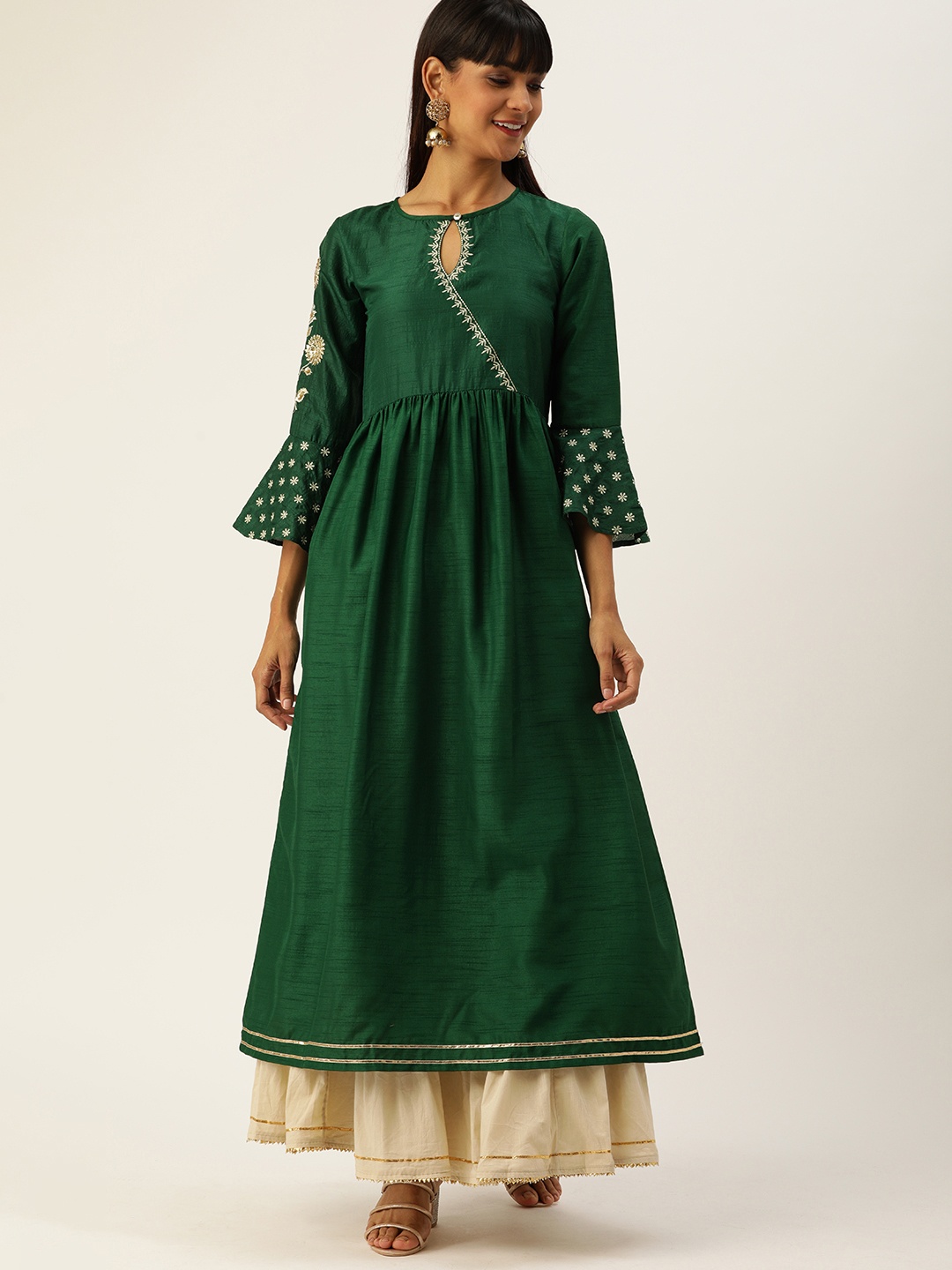 

Varanga Women Green Embroidered A-Line Kurta with Bell Sleeve