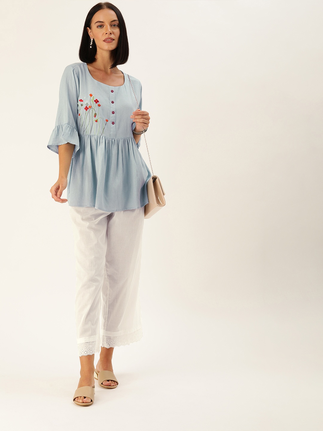 

Varanga Women Blue & White Floral Embroidered Tunic with Palazzos