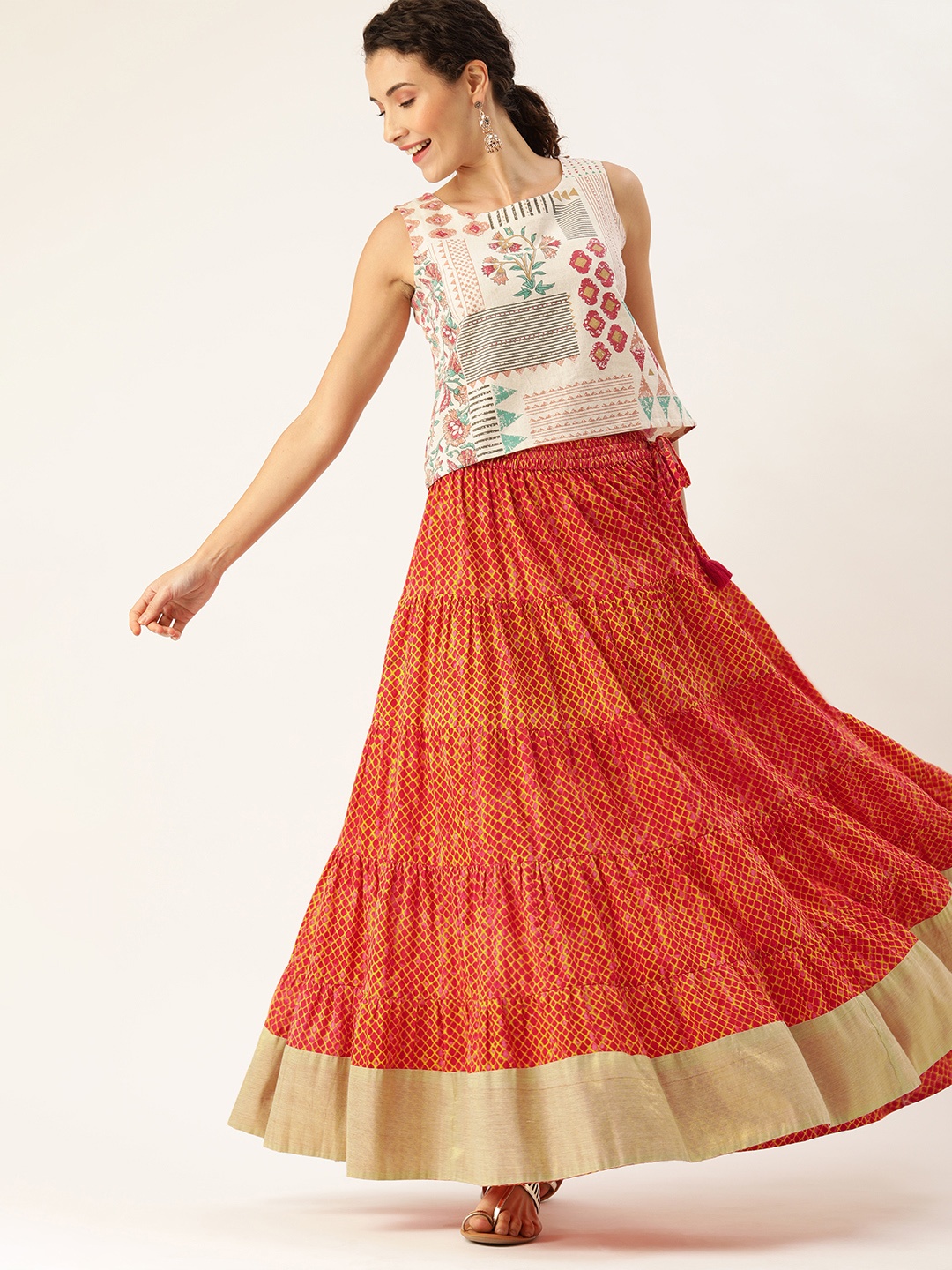 

Varanga Rust Orange & Mustard Yellow Dyed Tiered Flared Maxi Pure Cotton Skirt