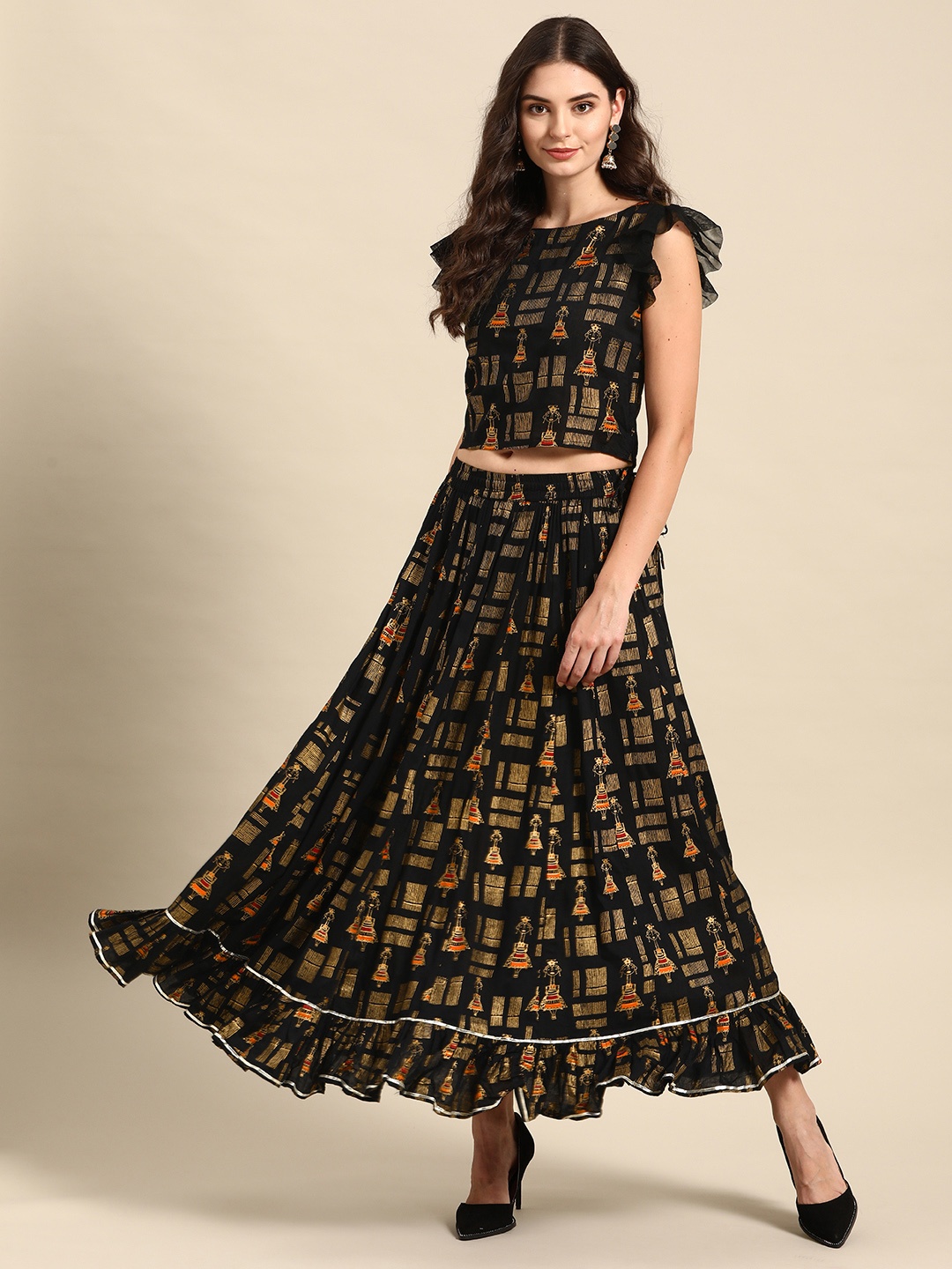 

Varanga Women Black & Gold-Toned Printed Ruffled Top with Skirt