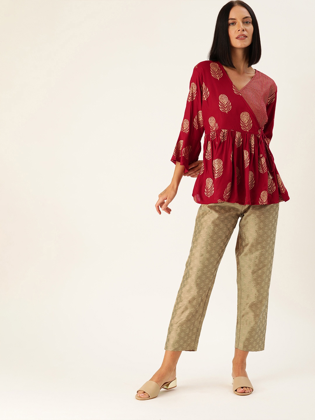 

Varanga Women Maroon & Gold-Toned Printed Wrap Tunic with Trousers