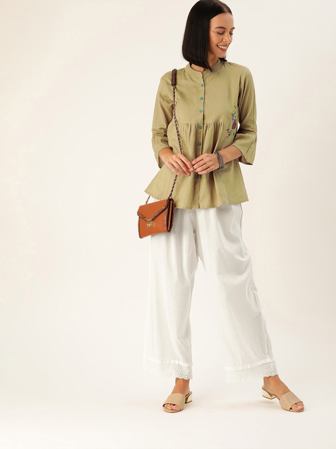 

Varanga Women Beige & White Floral Embroidered Tunic with Palazzos