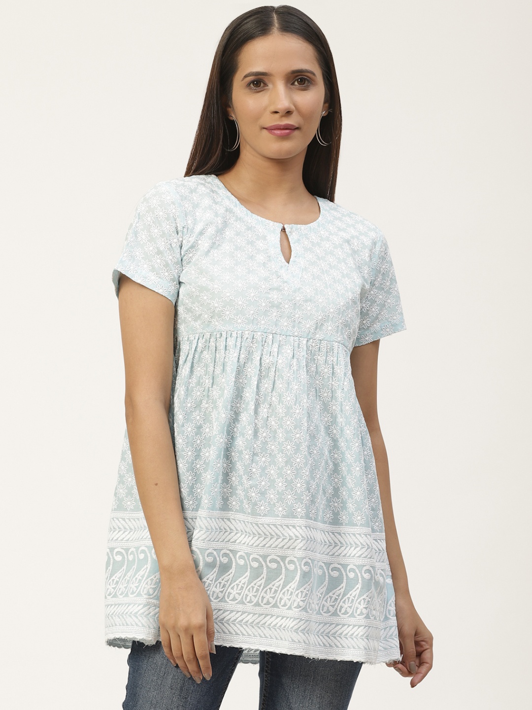 

Gerua By Libas Women Blue White Floral Pure Cotton Embroidered Pure Cotton Empire Kurti