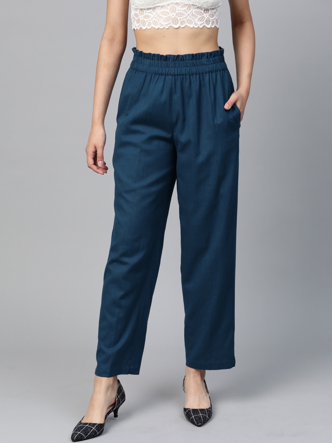 

Shae by SASSAFRAS Women Navy Tapered Fit Solid Paper Bag Trousers, Navy blue
