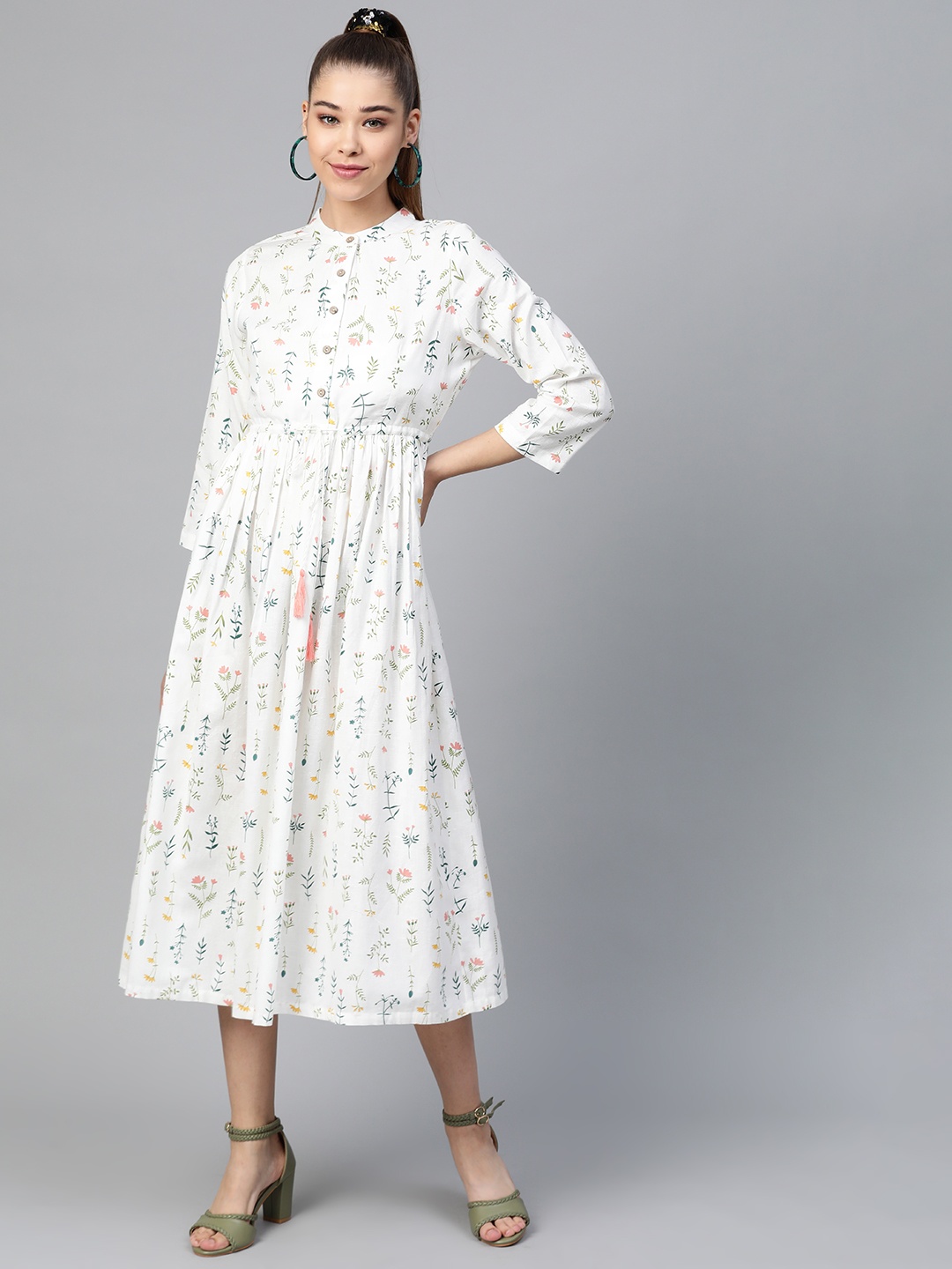 

Shae by SASSAFRAS Women White & Green Floral Print A-Line Dress