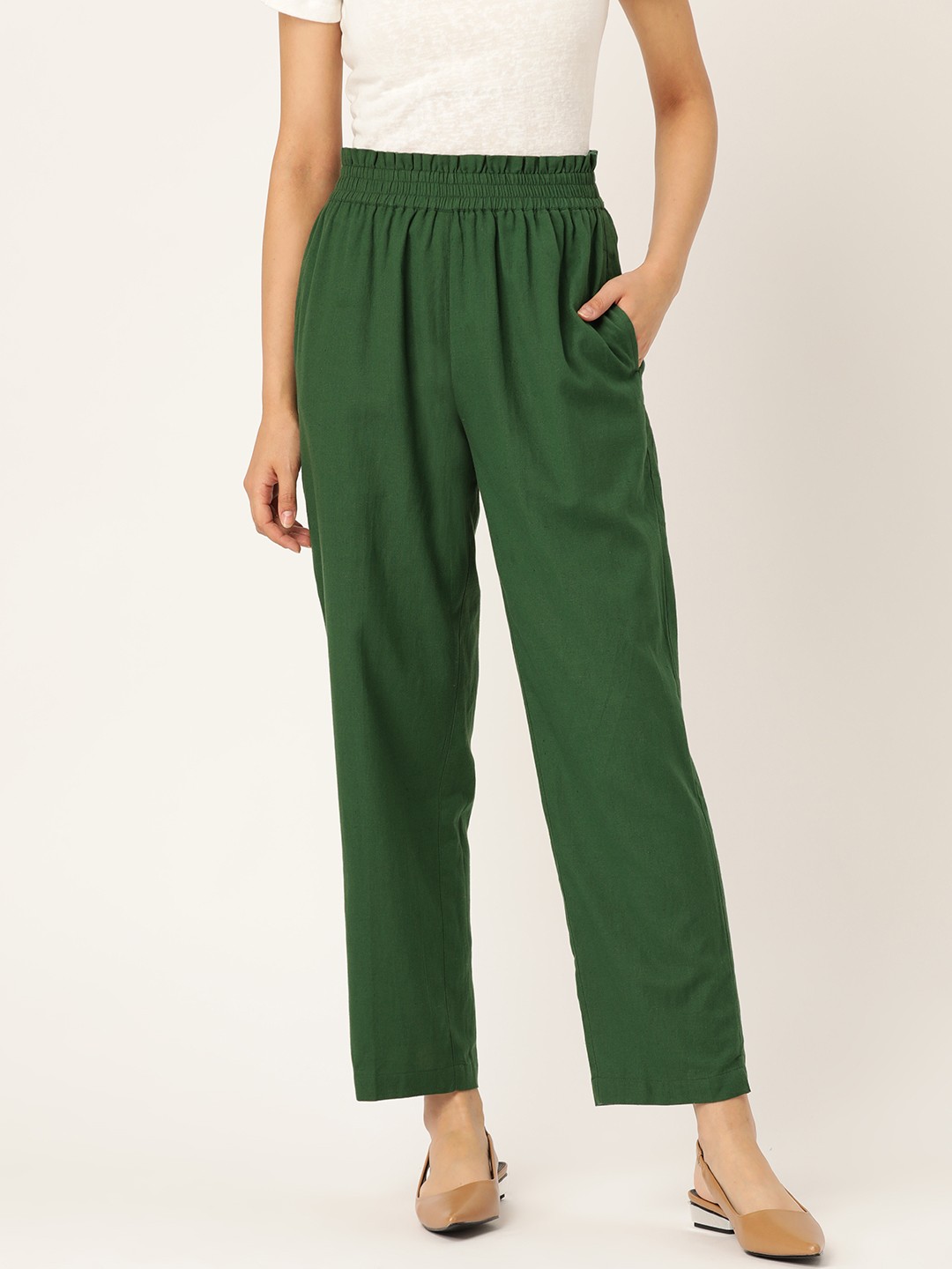 

Shae by SASSAFRAS Women Green Tapered Fit Solid Paper Bag Trousers