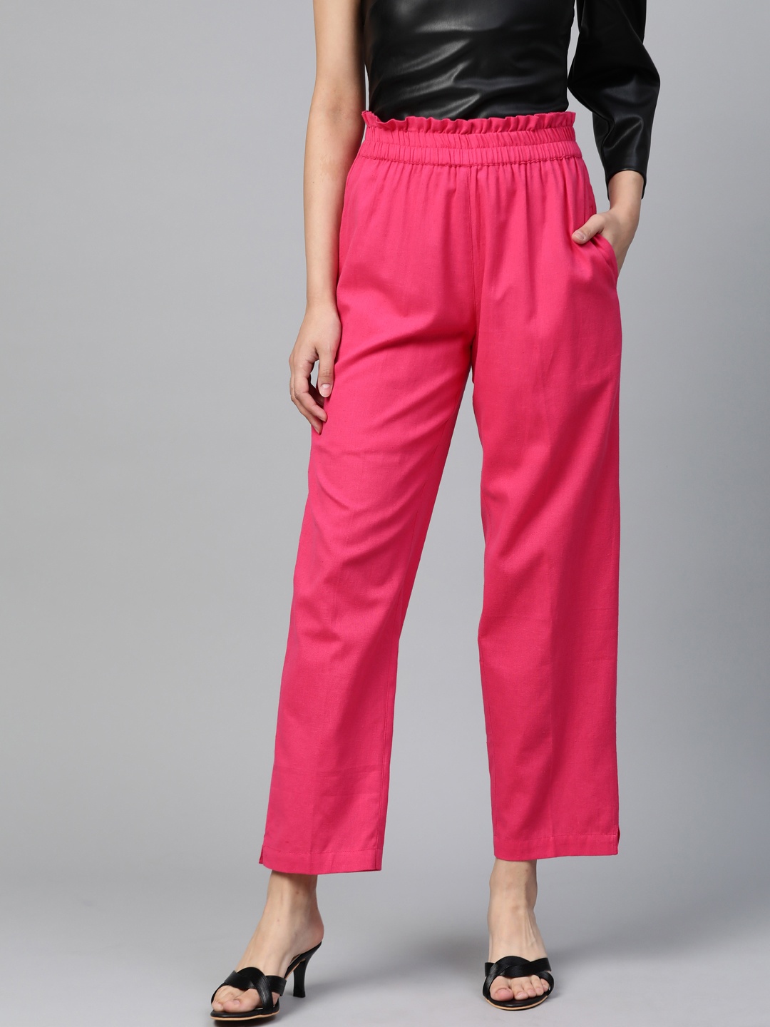 

Shae by SASSAFRAS Women Pink Tapered Fit Solid Paper Bag Trousers