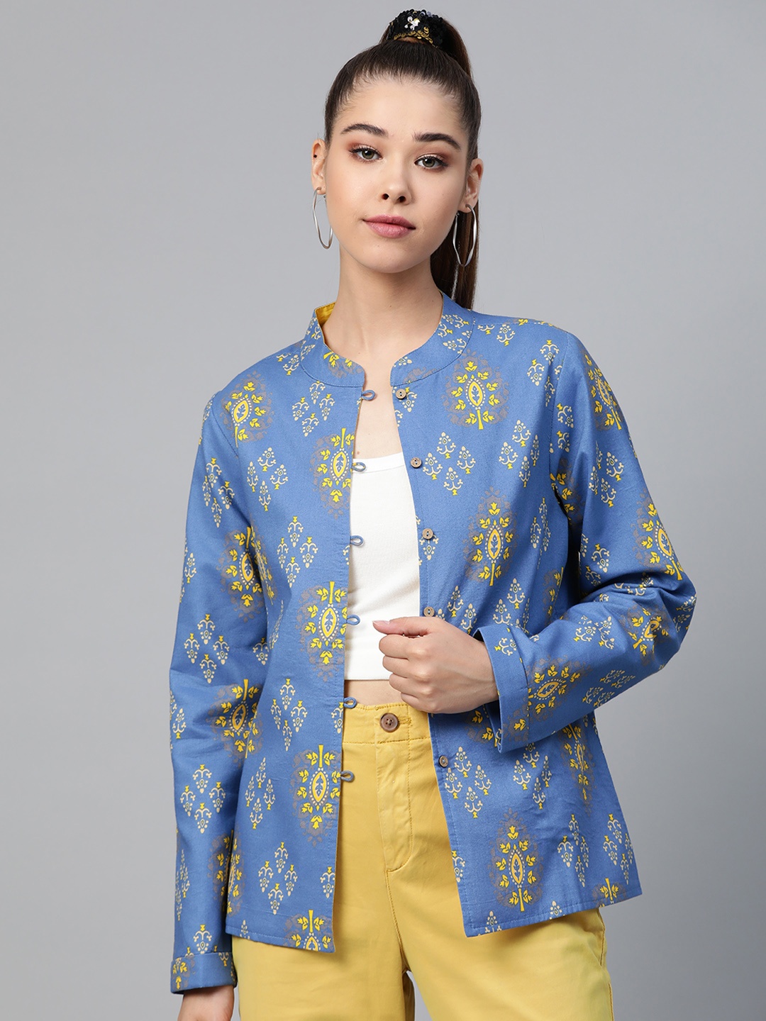 

Shae by SASSAFRAS Women Blue & Yellow Printed Ethnic Jacket